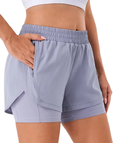 Miniatura 15 de Stelle Pantalones cortos de correr 2 en 1 para mujer, pantalones cortos deportivos de cintura alta, pantalones cortos de entrenamiento con forro