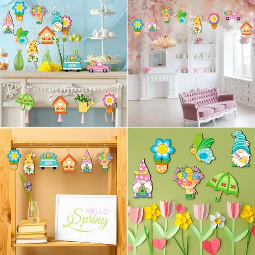 Miniatura 5 de Ferraycle 36 adornos de flores de primavera, adornos florales para árbol de Pascua, tulipanes de madera para colgar, decoraciones de gnomos