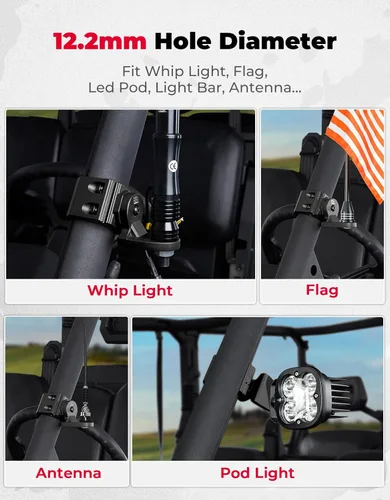Miniatura 5 de KEMIMOTO 2 soportes para luz de látigo UTV, soportes de barra de luz, antena CB, compatible con Polaris Ranger General Can-Am Defender Commander