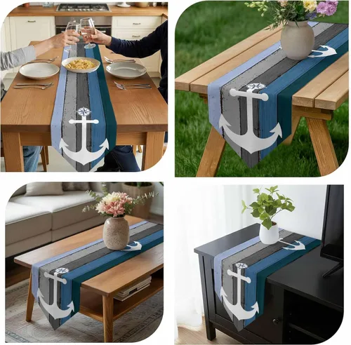 Miniatura 8 de Camino de mesa náutico con ancla para aparador, bufandas con temática oceánica, rayas náuticas, vintage, grano de madera, gris y azul, caminos