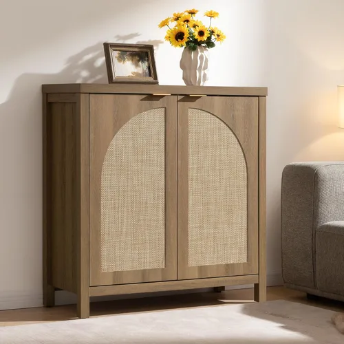 Miniatura 17 de SICOTAS Juego de 3 aparadores de ratán de 102 pulgadas de ancho, armario de almacenamiento moderno Credenza con puertas de arco y estantes, Roble