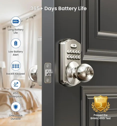 Miniatura 3 de Veise KS03 - Cerradura de perilla de puerta con teclado, cerradura digital de entrada sin llave con asa, perilla inteligente electrónica para puerta