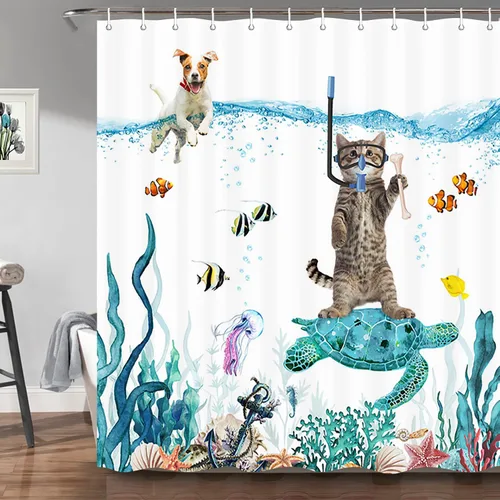 Miniatura 3 de Cortina de ducha de tortuga marina con diseño de gato y perro, divertido pez y perro tropical, 72 x 72 pulgadas, tela de poliéster, juego
