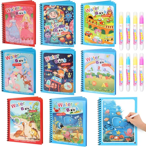 Miniatura 10 de Paquete de 5 libros de colorear de agua reutilizables para niños pequeños, juguetes de libros de garabatos de agua, pintura con libros de agua