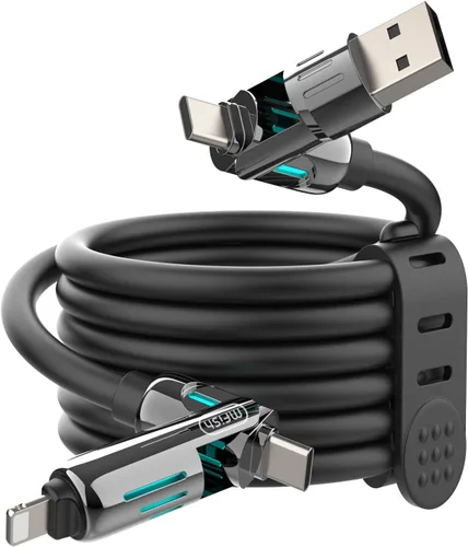 MFish Cable de carga USB 4 en 1 con funda de transporte, cable de carga rápida de 240 W, USB-A y USB-C dual a USB-C/Lightning, para iPhone Negro