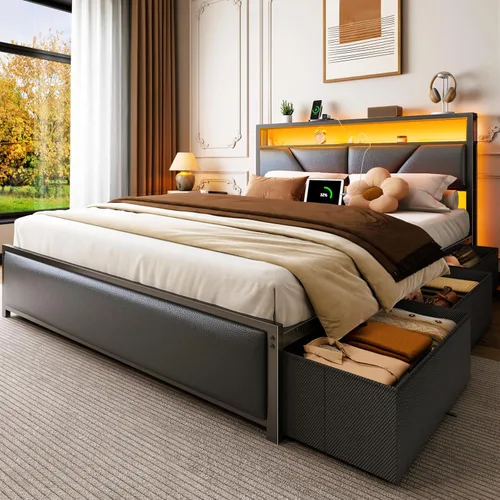 Miniatura 10 de OURPIC Full Size Bed Frame, 2-Tier Storage Headboard & 6 Fabric Drawers, PU Leather Upholstered Platform Bed Frame Full with Charging Station and