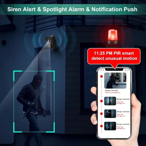 Miniatura 8 de Cámaras de seguridad inalámbricas para exteriores, 2K alimentadas por batería con detección de movimiento AI, foco, alarma de sirena, WiFi, cámara