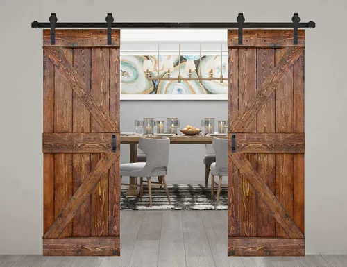 Serie K de 60 x 84 pulgadas (30 x 84 pulgadas x 2 paneles) Puerta corredera clásica de madera maciza con acabado de nogal con riel de herrajes,