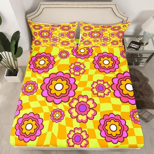 Miniatura 15 de Juego de ropa de cama con diseño floral bohemio, tamaño individual, diseño retro de flores groovy, 60S y 70S, diseño de flores hippie para niños