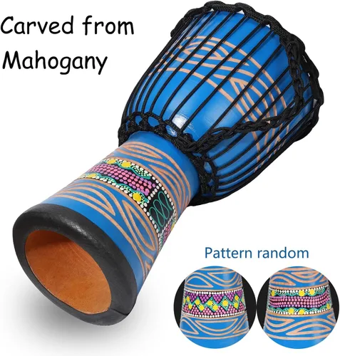 Miniatura 4 de LIEKE Djembe - Tambor africano de 10 x 20 pulgadas, cabeza de cabra caoba, pintado a mano, patrón pintado a mano, para adultos principiantes (azul)