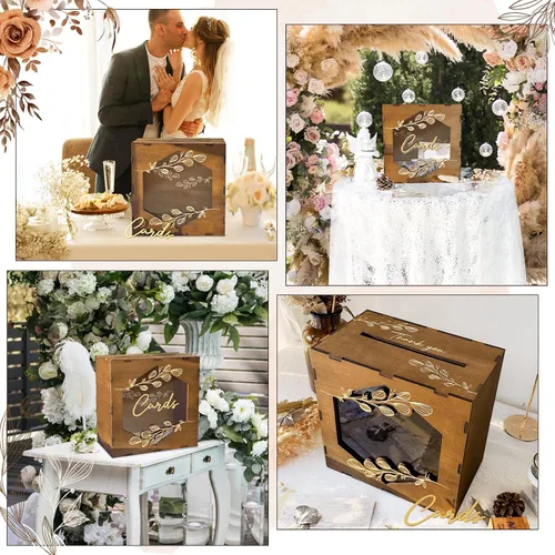 Miniatura 6 de Caja de tarjetas de boda marrón OurWarm con ventana de acrílico, caja de tarjetas de regalo de madera para decoraciones de recepción de boda, caja