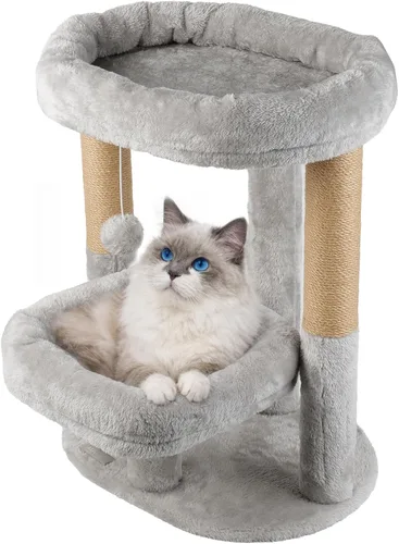 Torre de árbol para gatos de 2 niveles con camas elevadas para gatos y postes rascadores | Compact indoor cat tower for small to medium cats, with