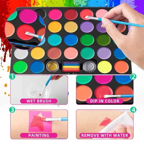 Miniatura 5 de Maydear Kit de Pintura Facial para Niños, Paleta de Maquillaje a Base de Agua de 32 Colores con Plantillas, Brillos, Pastel de Arcoíris Dividido