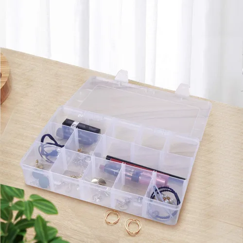 Miniatura 6 de Gospire Organizador de joyería Caja de almacenamiento de plástico transparente con 15 grandes rejillas con divisores extraíbles
