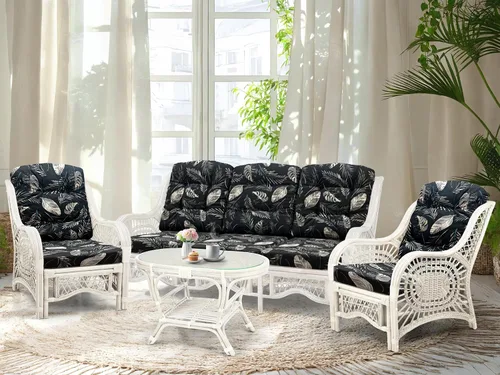 Miniatura 30 de Malibu Lounge Juego de 4: 2 sillas de mimbre de ratán natural, sofá de tres plazas con cojines marrón claro y mesa de centro con vidrio hecho a