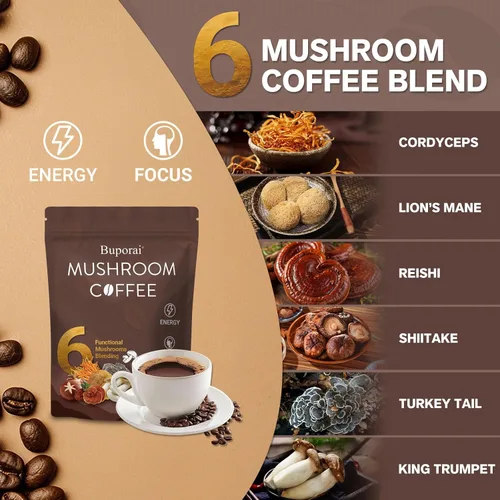 Miniatura 4 de Café de hongos, café instantáneo de hongos con 6 hongos melena de león, cordyceps, cola de pavo y otros para energía, concentración, digestión