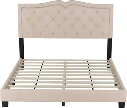 Miniatura 5 de Marco de cama de terciopelo tamaño Queen, cabecera capitonada con alas de canal vertical, cama con plataforma tapizada, listones de madera fuertes