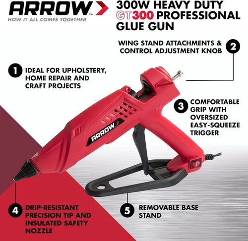 Miniatura 2 de Arrow Fastener Pistola de pegamento termofusible eléctrica profesional de 300 vatios para manualidades, construcción y madera, transparente