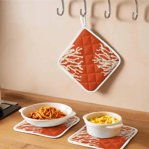 Miniatura 6 de Juego de 2 soportes para ollas de coral oceánico para cocina, platos para horno, almohadillas a prueba de calor con lazo para colgar, agarraderas