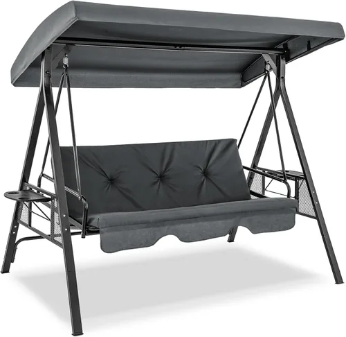 Miniatura 10 de Tangkula Columpio de porche para 3 personas, cama columpio convertible 2 en 1 para patio con toldo ajustable, mesa de 2 tazas, cojines de asiento