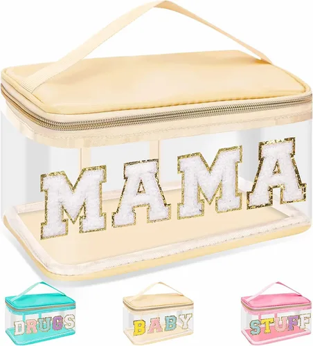 Miniatura 23 de izuzta Bolsas de maquillaje transparentes con letras de chenilla, bolsa de maquillaje de parche preppy con asa