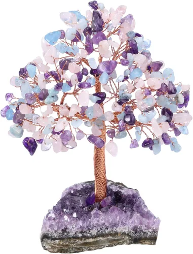 Miniatura 10 de Jovivi - Árbol de dinero de cristal curativo de amatista natural + cuarzo transparente + cuarzo rosa en base de geoda de druzy de amatista, Cuarzo