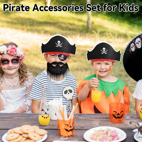 Miniatura 5 de ZeeDix 18 accesorios piratas para niños, incluye 6 sombreros de pirata, 6 parches de ojos y 6 bigotes, decoraciones de fiesta pirata para Navidad