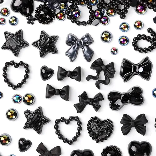Miniatura 2 de 450 piezas de dijes de uñas de perlas 3D negras de múltiples formas, dijes de perlas planas de COOSLIM, corazones, moños, estilos mixtos, estrellas