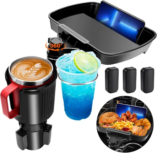 Aucurwen Bandeja Portavasos para Auto, Bandeja Giratoria 360° para Auto, Bandeja de Comida para Auto con Base Sólida y Ranura para Teléfono,