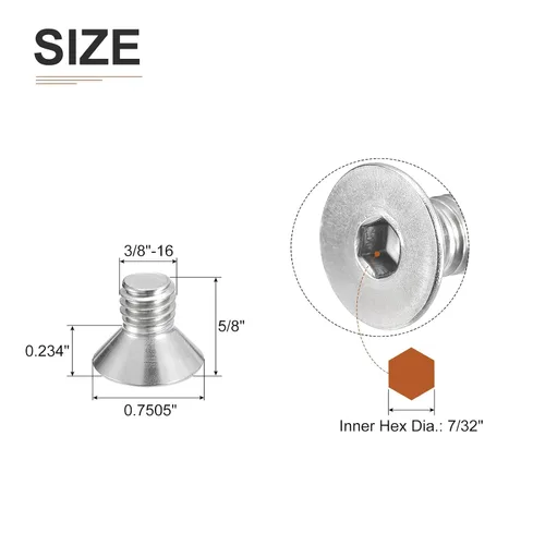 Miniatura 2 de DTGN Tornillos de cabeza plana de 3/8-16 x 5/8 pulgadas, paquete de 10 tornillos de cabeza plana hexagonal de acero inoxidable 304, rosca completa