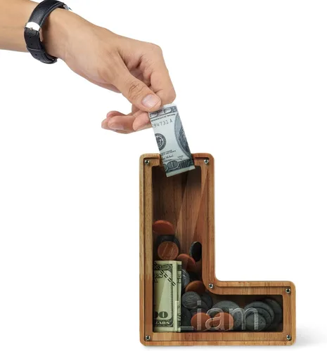 Miniatura 3 de Alcancía con nombre personalizado, 26 letras láser con texto personalizado, banco de monedas de madera, significado educativo, alcancía con nombre