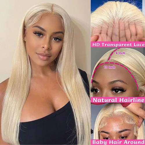 Miniatura 3 de GZX Peluca de cabello humano 613 con encaje frontal transparente HD de 13 x 4 pulgadas, pelucas de cabello humano lacio con encaje frontal, densidad