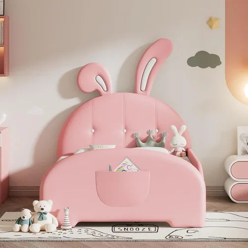 Miniatura 3 de Cama de princesa tapizada en forma de conejo de tamaño individual, moderna y bonita cama de plataforma de piel sintética con cabecero y estribo