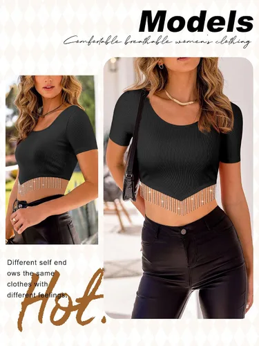 Miniatura 2 de Dresswel Nashville - Blusa corta brillante de manga corta con flecos de diamantes de imitación para verano, blusa corta con borlas y purpurina