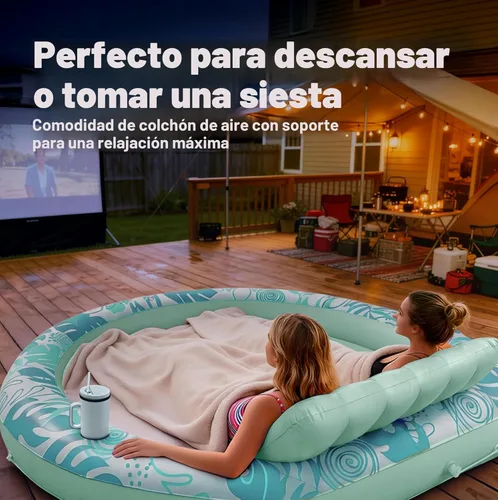 Miniatura 7 de SLOOSH Flotador inflable para piscina de bronceado, flotadores de piscina de 72 x 56 pulgadas para adultos con almohada, flotador redondo 4 en 1