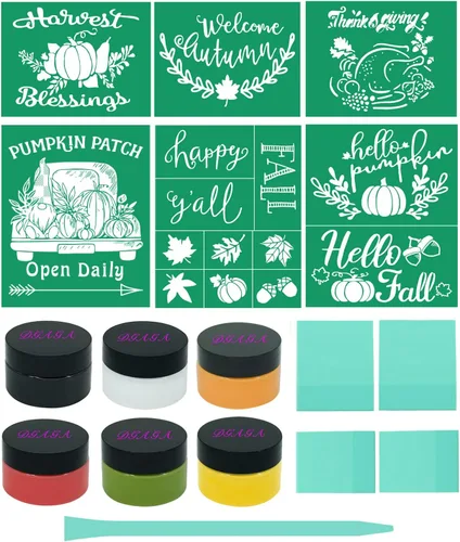 Miniatura 7 de DGAGA Juego de 6 plantillas de pantalla de seda con temática de otoño, reutilizables, autoadhesivas, plantillas de malla de tiza, plantillas