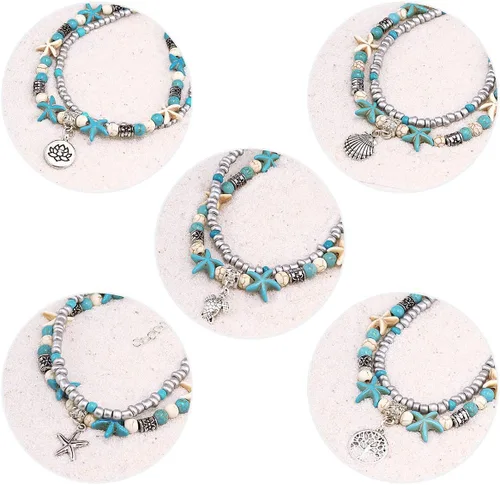 Miniatura 4 de Suyi 5 pulseras de tobillo para mujer, tobilleras ajustables en capas de playa, tobilleras de cadena bohemia, joyería de pie