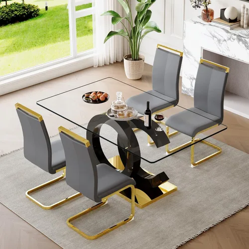 Miniatura 35 de gopop Mesa de comedor de cristal de 63 pulgadas, mesa de cocina moderna, mesa de comedor de vidrio transparente con patas de diseño único negro