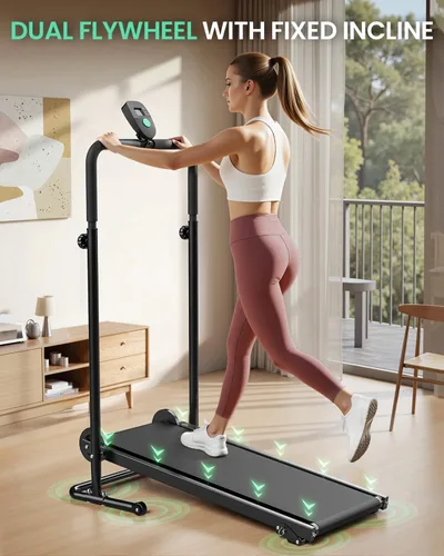 Miniatura 5 de AKLUER Non-Electric Treadmill with Dual Flywheel - Fixed Incline, Soft Foam Grips, Non-Slip Belt, LCD Monitor, Compact Foldable for Home/Gym Use