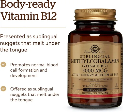 Miniatura 5 de Solgar Metilcobalamina (Vitamina B12) 5000 mcg, 60 Nuggets - Sabor a cereza - Apoya el metabolismo energético - Listo para el cuerpo, forma activa