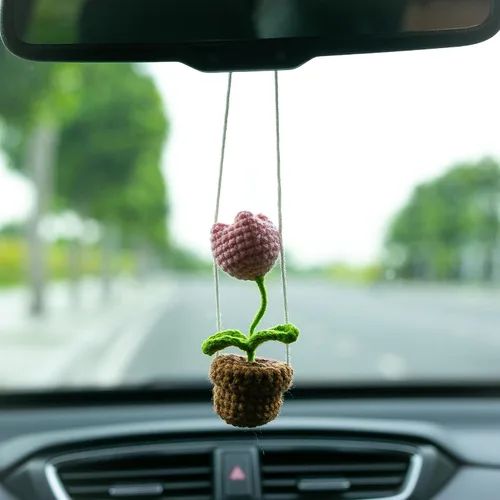 Miniatura 3 de Tulip - Adorno de ganchillo hecho a mano para automóvil, bonita flor de tulipán rosa, flor en maceta, cesta bohemia de punto para espejo retrovisor