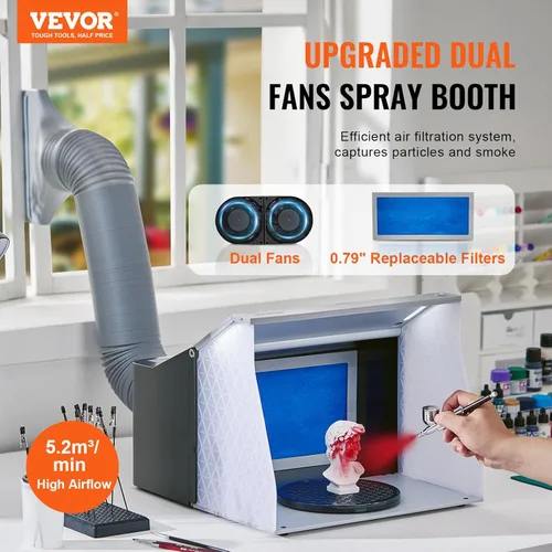 Miniatura 2 de VEVOR Cabina de aerosol para aerógrafo, kit portátil de cabina de aerosol de pintura para pasatiempos con 4 luces LED, potentes ventiladores