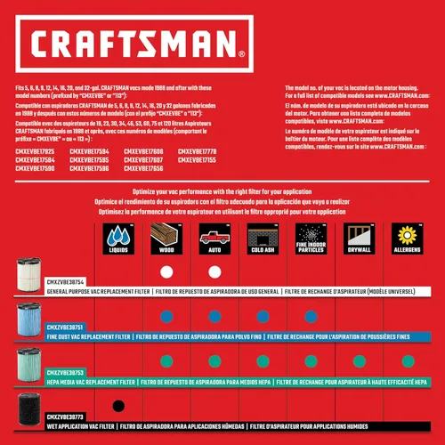 Miniatura 8 de CRAFTSMAN CMXEVBE17596 - Aspiradora húmeda y seca de 20 galones, 6.5 HP de potencia máxima, aspiradora de taller de servicio pesado húmeda y seca