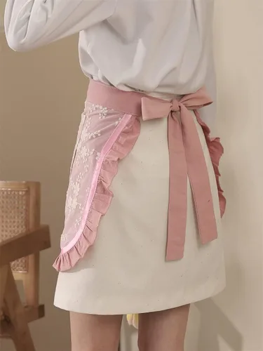 Miniatura 4 de Delantales de chef unisex blanco retro algodón criada corto 2 bolsillos cintura camarera mitad delantal