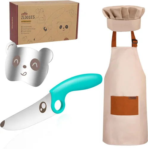 Juego de cuchillos para niños para cocina real con anillo educativo, delantal ajustable y sombrero de chef, cuchillo de entrenamiento para niños con