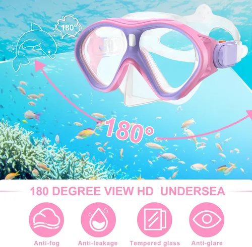 Miniatura 3 de Gintenco Equipo de esnórquel para niños, juego de esnórquel para niños de 6 a 14 años, gafas de natación de vidrio templado antivaho antifugas