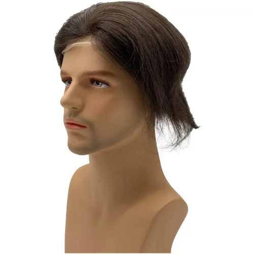 Miniatura 3 de Peluca de cabello humano europeo de repuesto para hombre, encaje suizo frontal, 0.003 in, piel fina, poliuretano, con bucle, 10 x 8 pulgadas