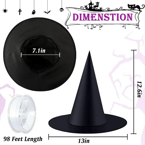 Miniatura 4 de ZeeDix 8 sombreros de bruja de Halloween para colgar en interiores, sombrero de bruja flotante negro con cuerda colgante de 98 pies, accesorios