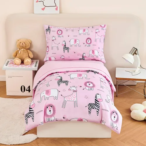 URBONUR Juego de ropa de cama de 4 piezas para niños pequeños - Juego de edredón ultra suave con dibujos animados de animales del zoológico rosa