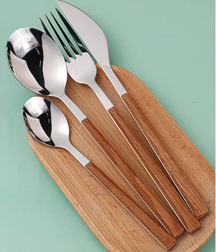 Miniatura 8 de Juego de cubiertos de madera de 32 piezas para 6 personas con mango de madera de imitación de madera de acero inoxidable para boda, hogar, cocina